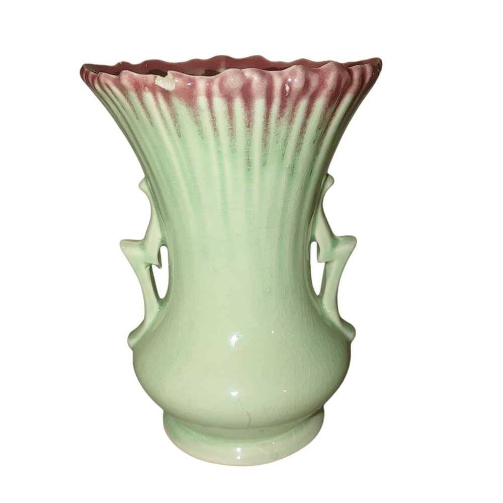 McCoy Vase Ripple Ware Vintage Pale Green Mauve Rim 2 Handles 7 1/2" tall